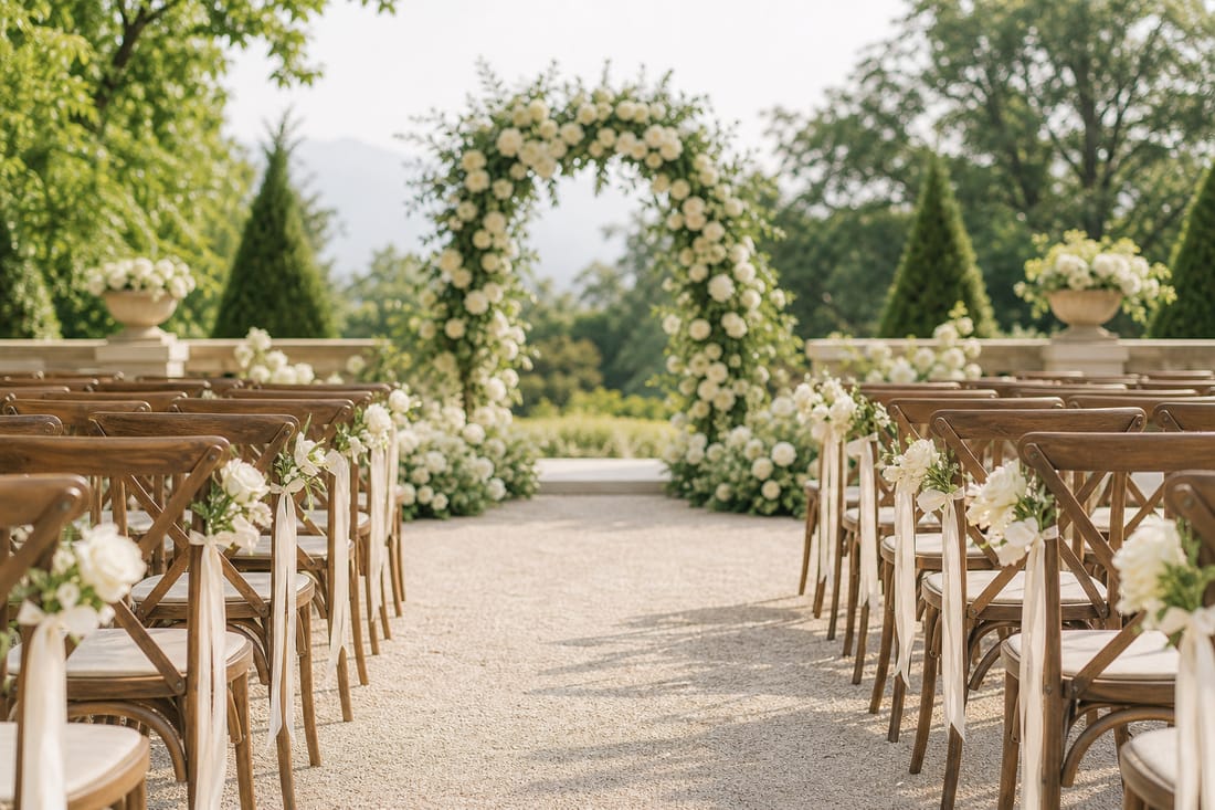 Beispiel: leerer Trauungsgang mit Stühlen und Blumenbogen
